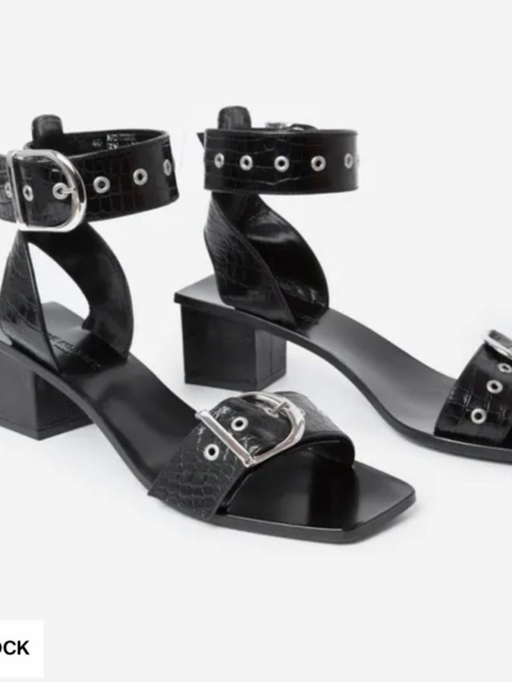 The Kooples Black Leather Sandals Size 38 US 8 Silver Buckle Block Heel Croc